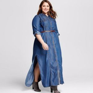 Spense Denim Roll Sleeve Maxi Shirt Dress with Side Split & Belt Size: 12